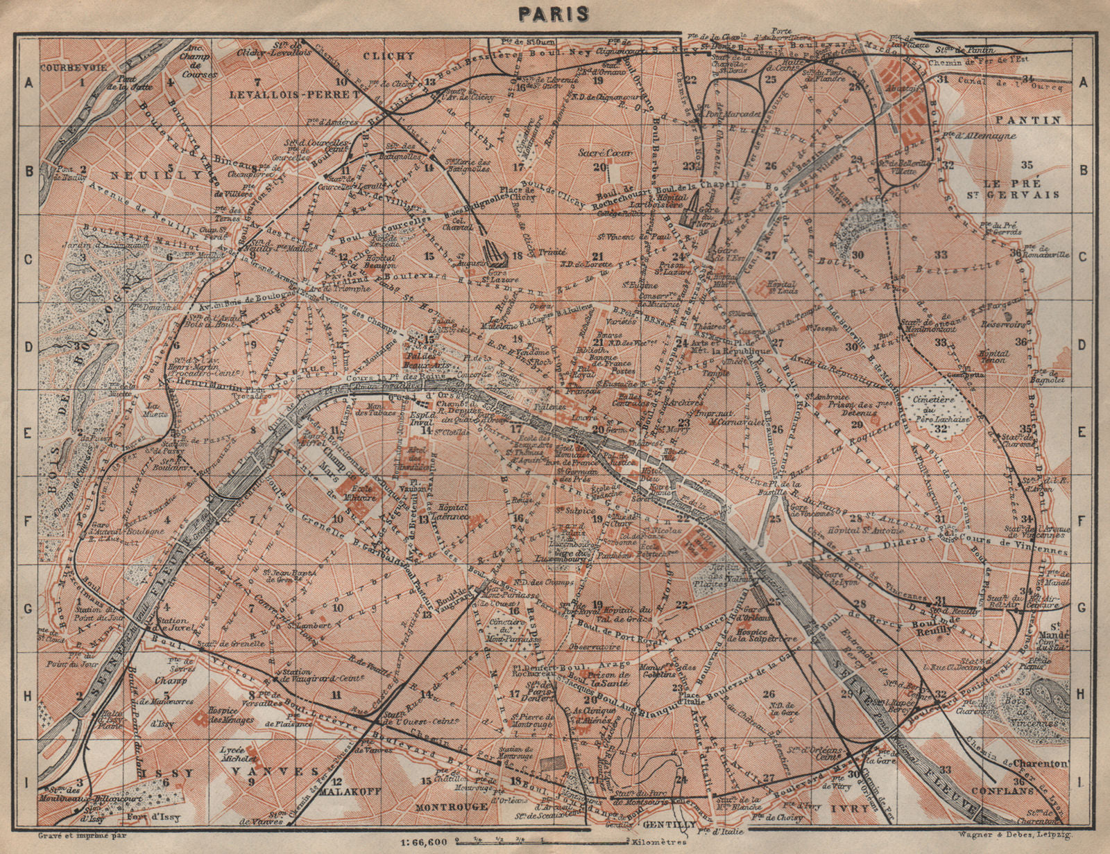 PARIS town city plan de la ville showing city walls. Railways carte 1909 map